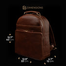 Von Baer Tallinn Liberty men's leather backpack for laptop in brown, showing dimensions