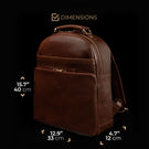 Von Baer Tallinn Liberty women's leather backpack for laptop in brown color, showcasing dimensions for optimal fit and functionality.