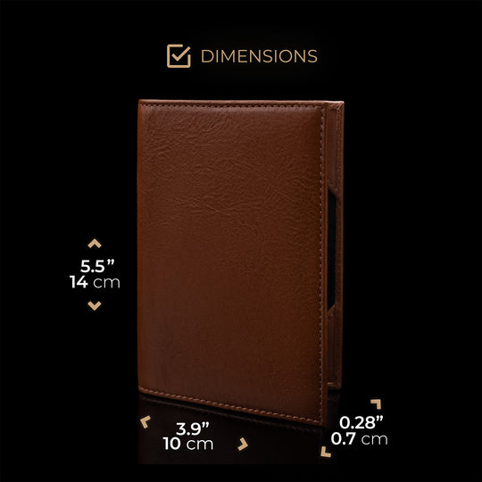 Von Baer full grain leather passport cover holder half turned view with dimensions