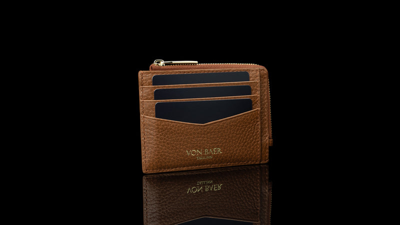 Von Baer W5 RFID slim zipped leather card holder with coin pocket and cards inside, slider presentation