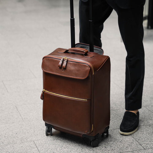 Leather Carry On Luggage with Wheels for Men Small Rolling