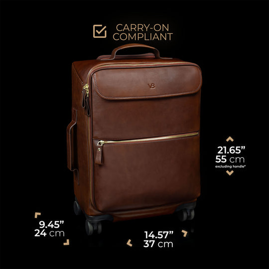 Von Baer Voyager luxury leather carry on bag for travel, brown, dimensions