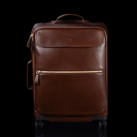 Front view of the brown Von Baer Voyager women's luxury leather carry on trolley bag