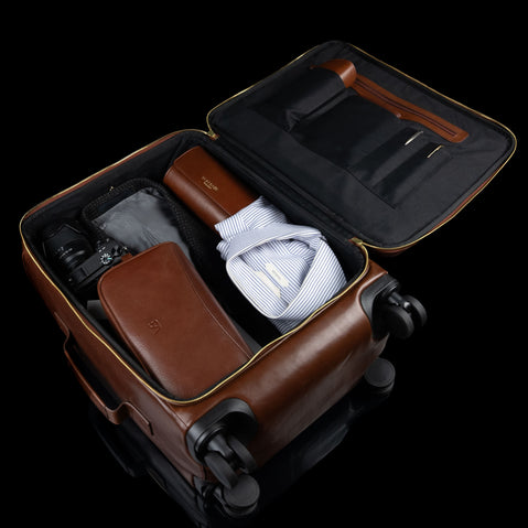 Von Baer Voyager luxury leather carry on bag for travel, brown, inner space with clothes packed