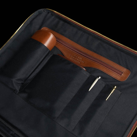 Von Baer Voyager luxury leather carry on bag for travel, brown, pockets and essentials