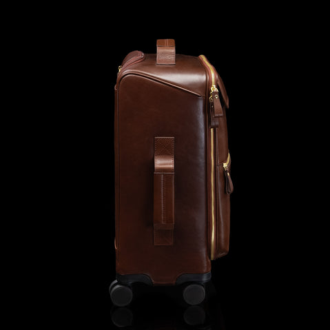 Brown Von Baer Voyager women's luxury leather carry on trolley bag, side view