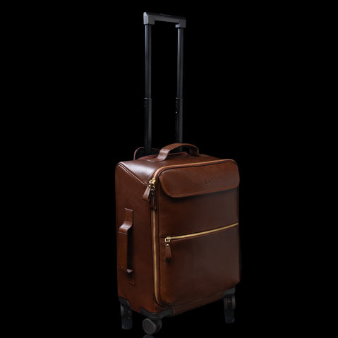 Brown Von Baer Voyager women's luxury leather carry on trolley bag with extended 2-stage handle