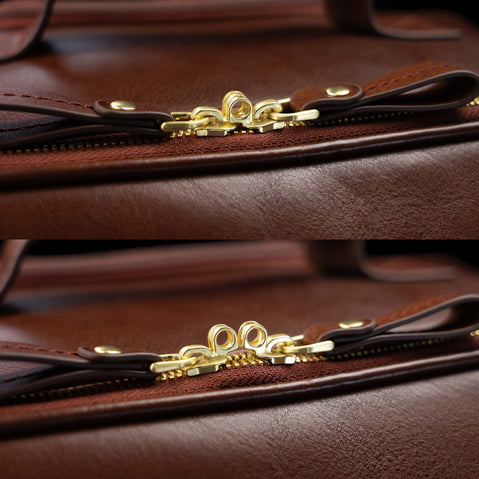 Close-up of the main compartment zipper on the Von Baer Voyager women's luxury leather carry on bag, showing its locker compatibility