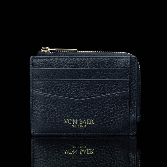 Von Baer W5 RFID slim luxury leather zip card case front view in navy blue color