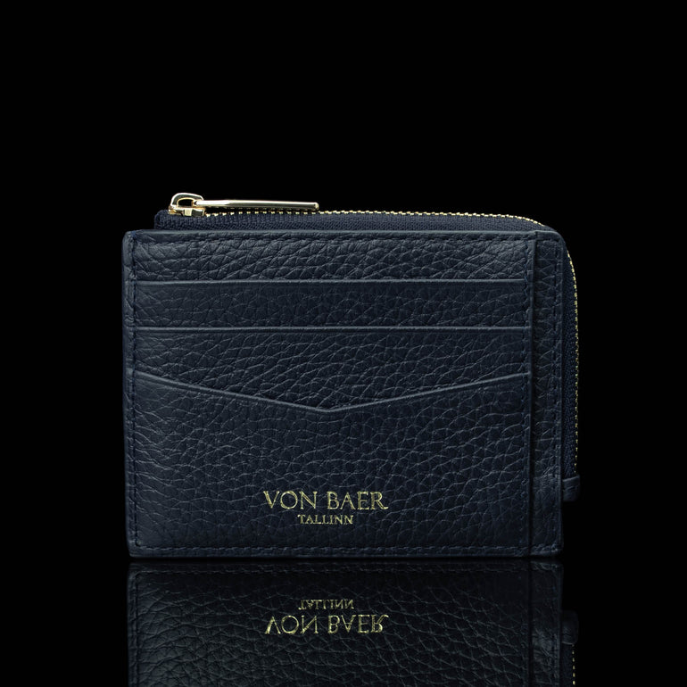 Von Baer W5 RFID slim luxury leather zip card case front view in navy blue color