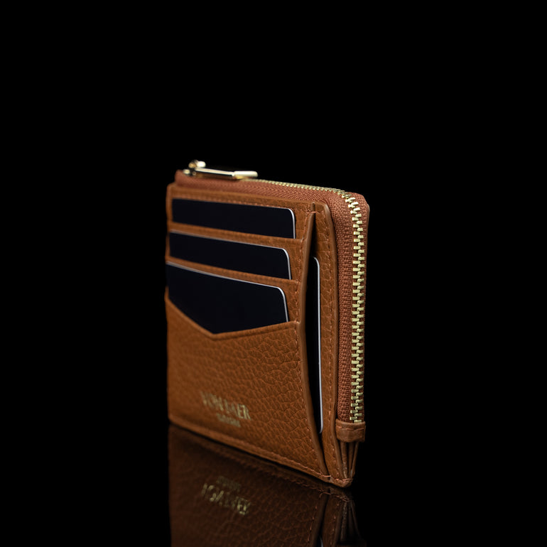 Von Baer W5 RFID slim zipped leather card holder with coin pocket and cards inside, side view