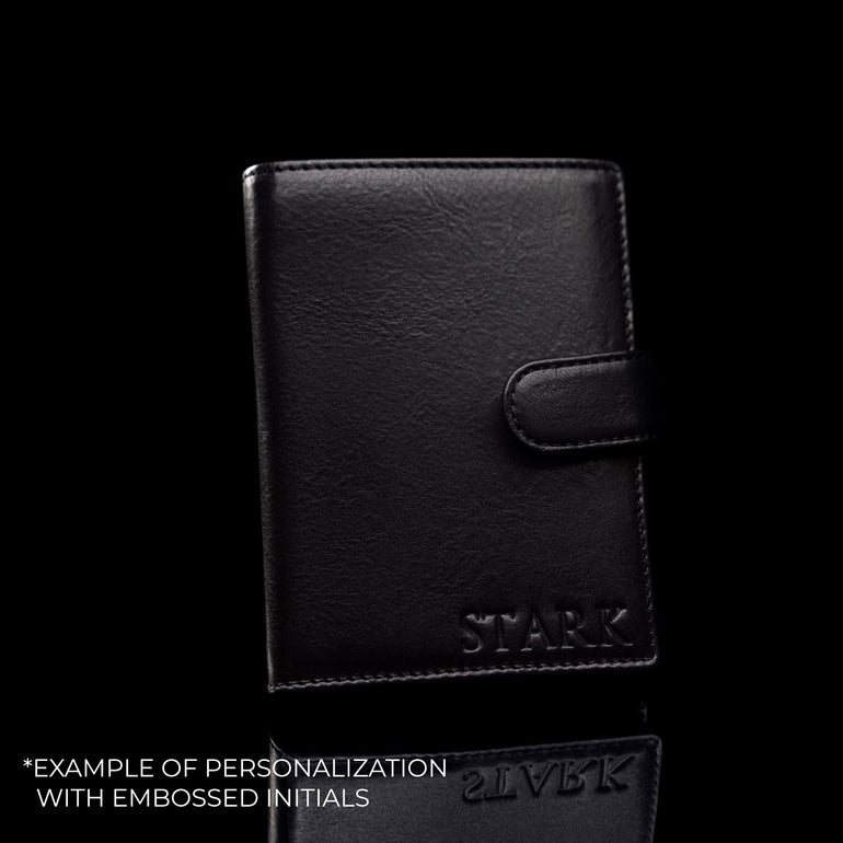Von Baer Washington personalizable leather wallet in black, featuring embossed initials example: STARK.