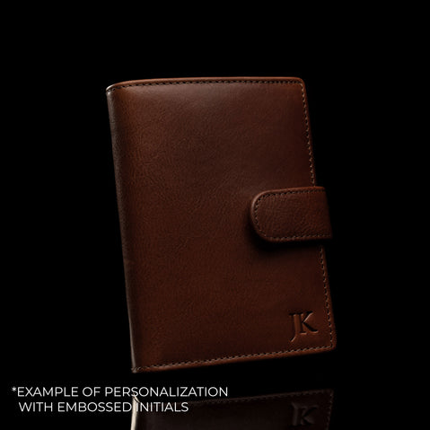 Von Baer Washington personalized leather wallet in brown, featuring embossed initials: JK.