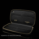 Von Baer origin luxury large men’s leather wallet with personalized embossed initials, example of customization.
