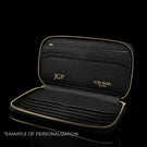 Von Baer origin luxury large men’s leather wallet with personalized embossed initials, example of customization.