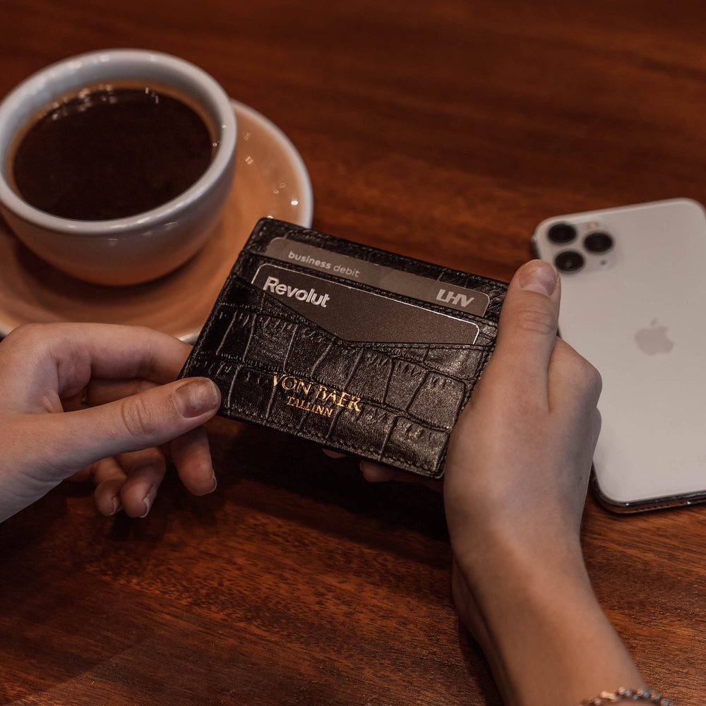 Cards and Cash leather card holder croco print black women lifestyle
