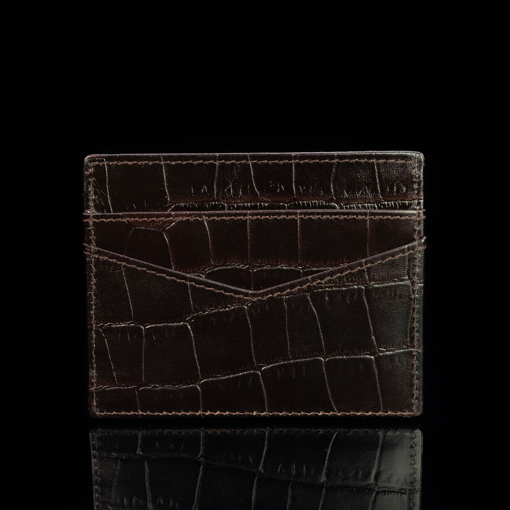 cards and cash leather card holder solid brown croco print front and back