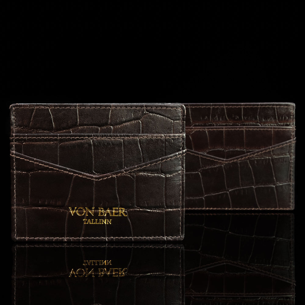 cards and cash leather card holder solid brown croco print front and back