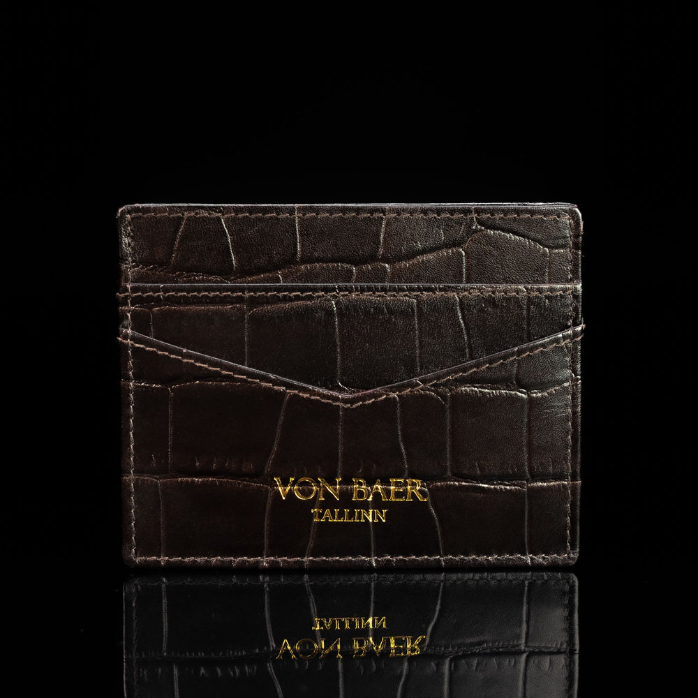 cards and cash leather card holder solid brown croco print front