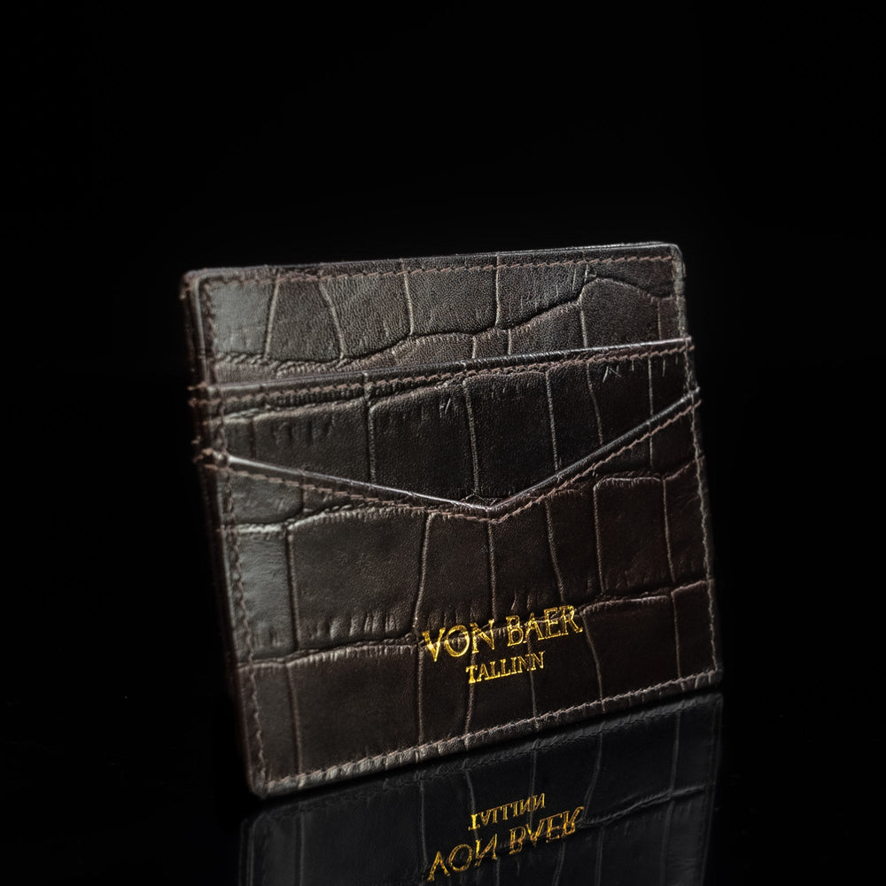 cards and cash leather card holder solid brown croco print side view