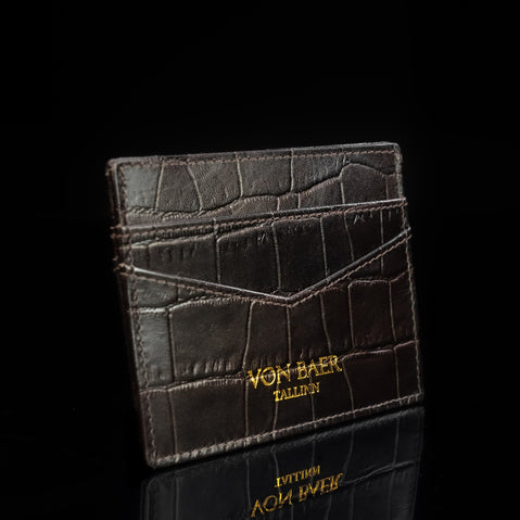 cards and cash leather card holder solid brown croco print side view