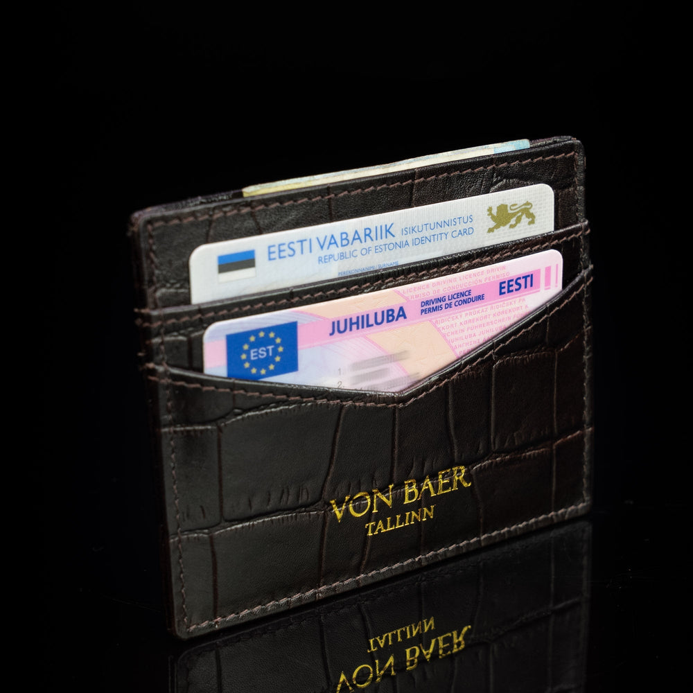 cards and cash leather card holder solid brown croco print with cards and cash