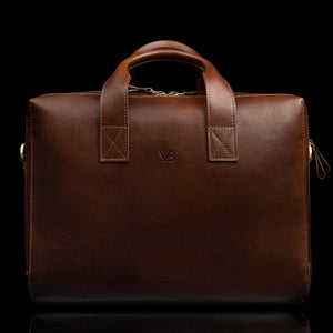 Essential modern briefcase full grain leather brown front view