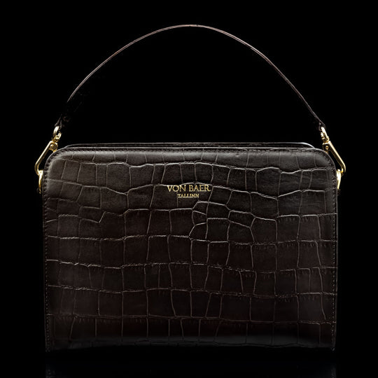 von baer model 1 ladies small leather handbag brown croc print detachable handle front view