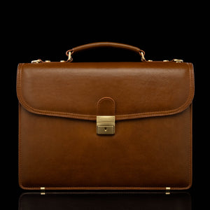 front view of tan colored briefcase